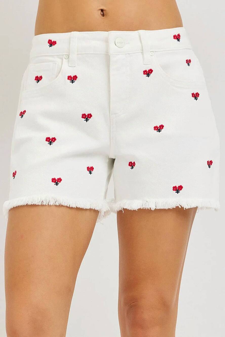 NEW RISEN pixie embroidered denim shorts in cream